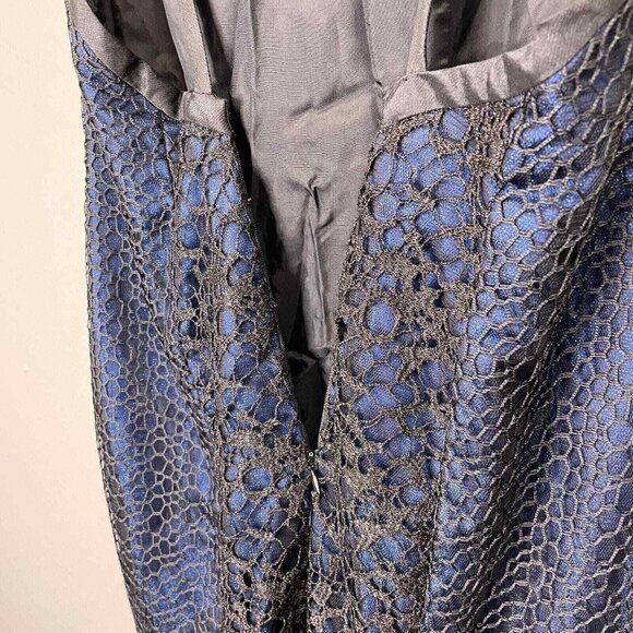 Monique Lhuillier Crochet Lace Dress Womens 6 Blue Black Shimmer Mermaid - Picture 9 of 13